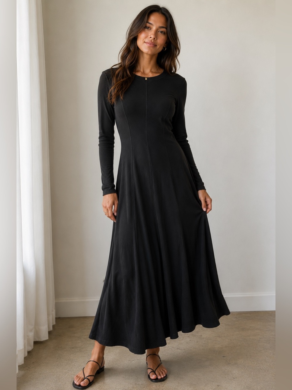 Vintage FADS Womens Black Long-Sleeve Maxi Dress Size Small 100% Cotton